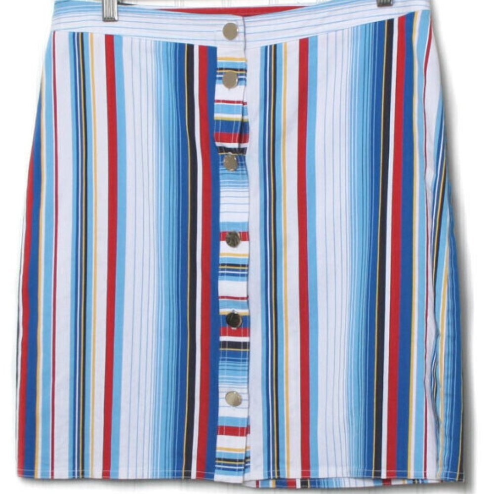 Brooks Brothers Women Striped Silver Button Cotton Straight Skirt Size 8